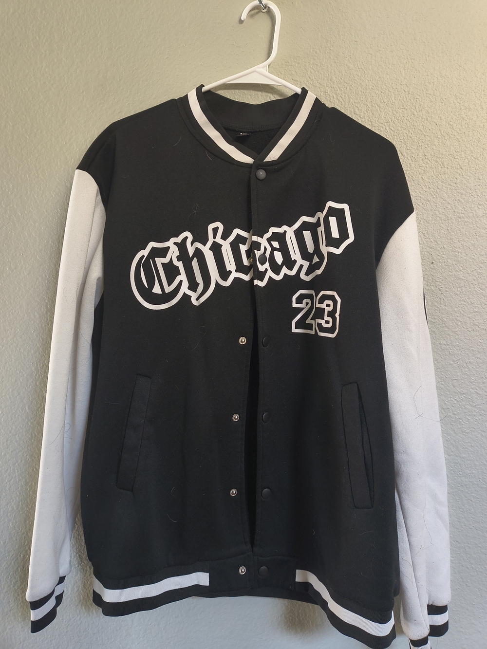 SHEIN Black and White Chicago Varsity Jacket with 23 Graphic